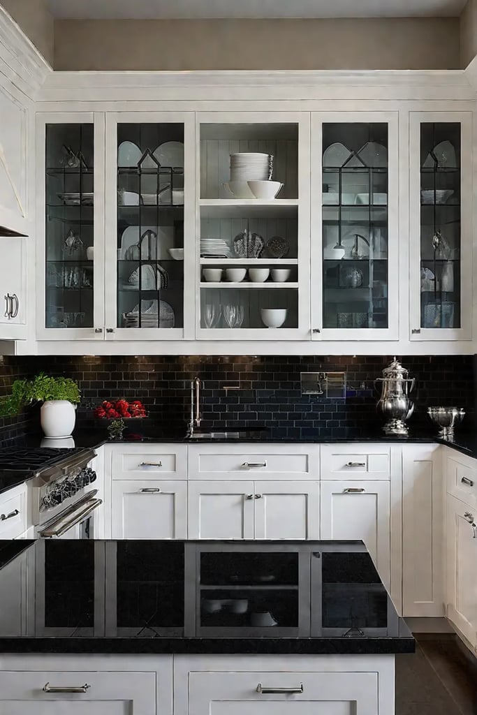 Traditional kitchen with dark granite countertop and stainless steel range