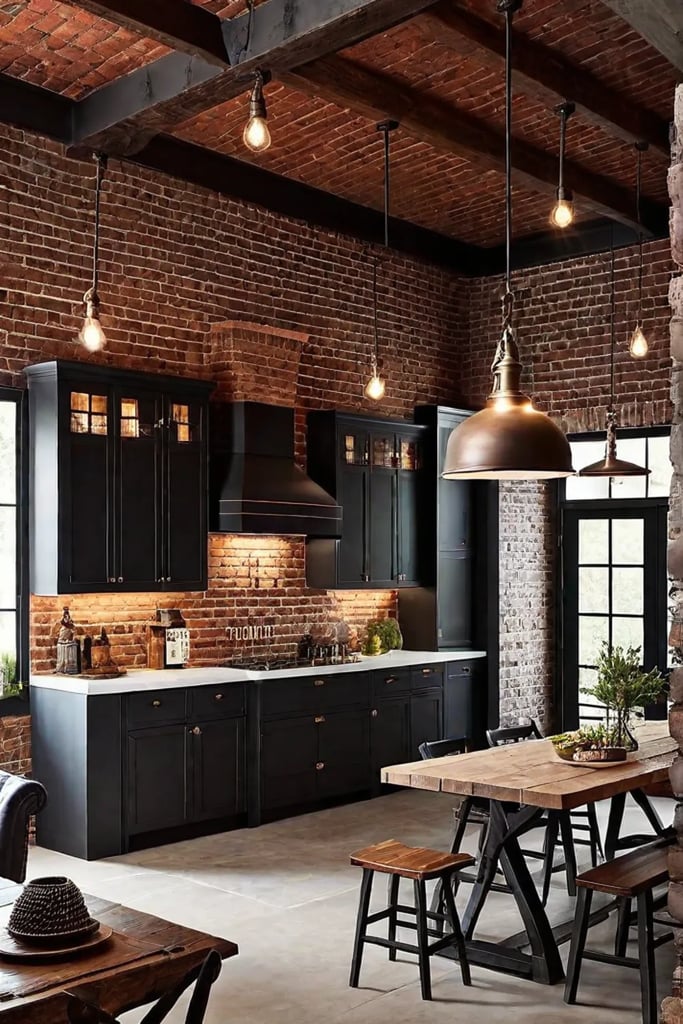 Traditional kitchen with exposed brick and pendant lights