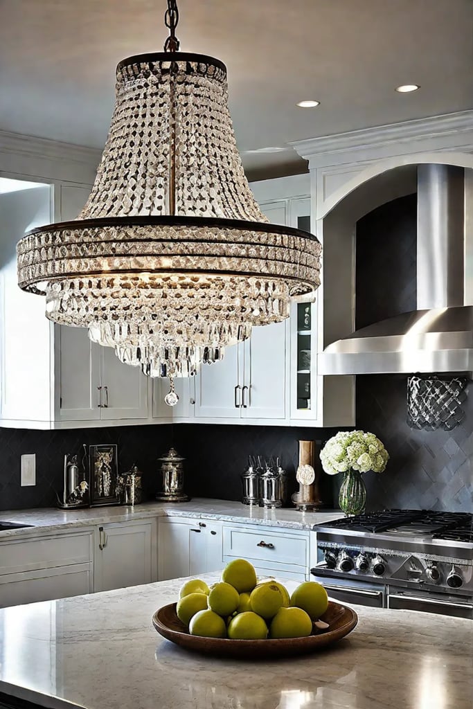 Traditional kitchen with glamorous crystal lighting