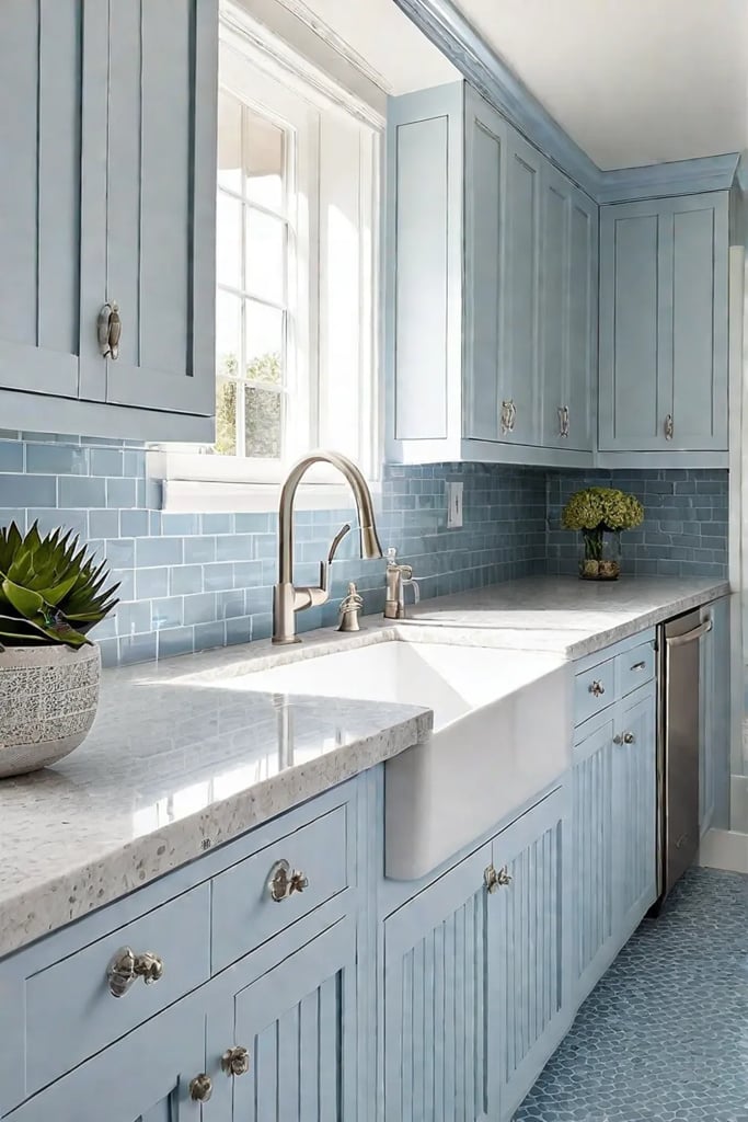 Traditional kitchen with mosaic tile backsplash and natural stone floors