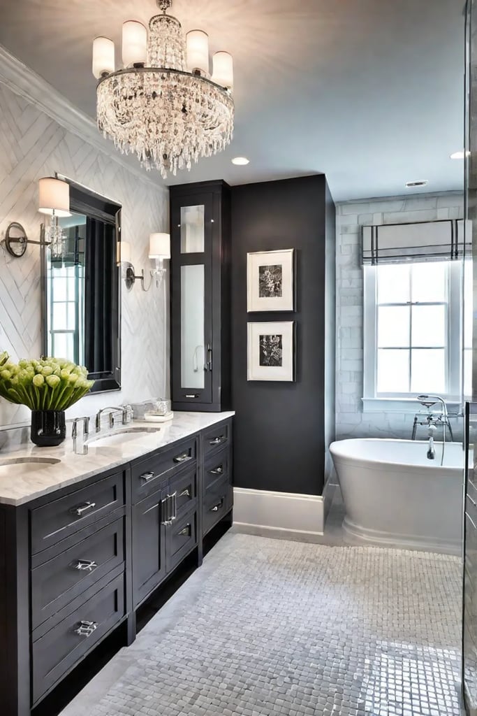 Transitional bathroom with crystal chandelier and sleek vanity lights