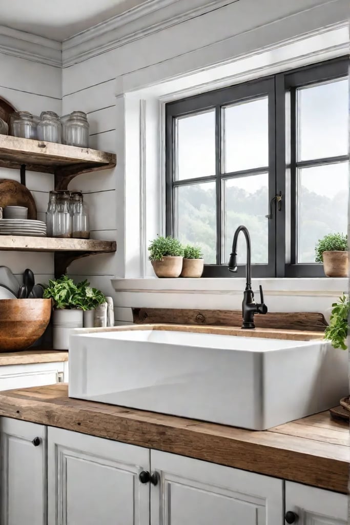 White cabinets and open shelving in a kitchen