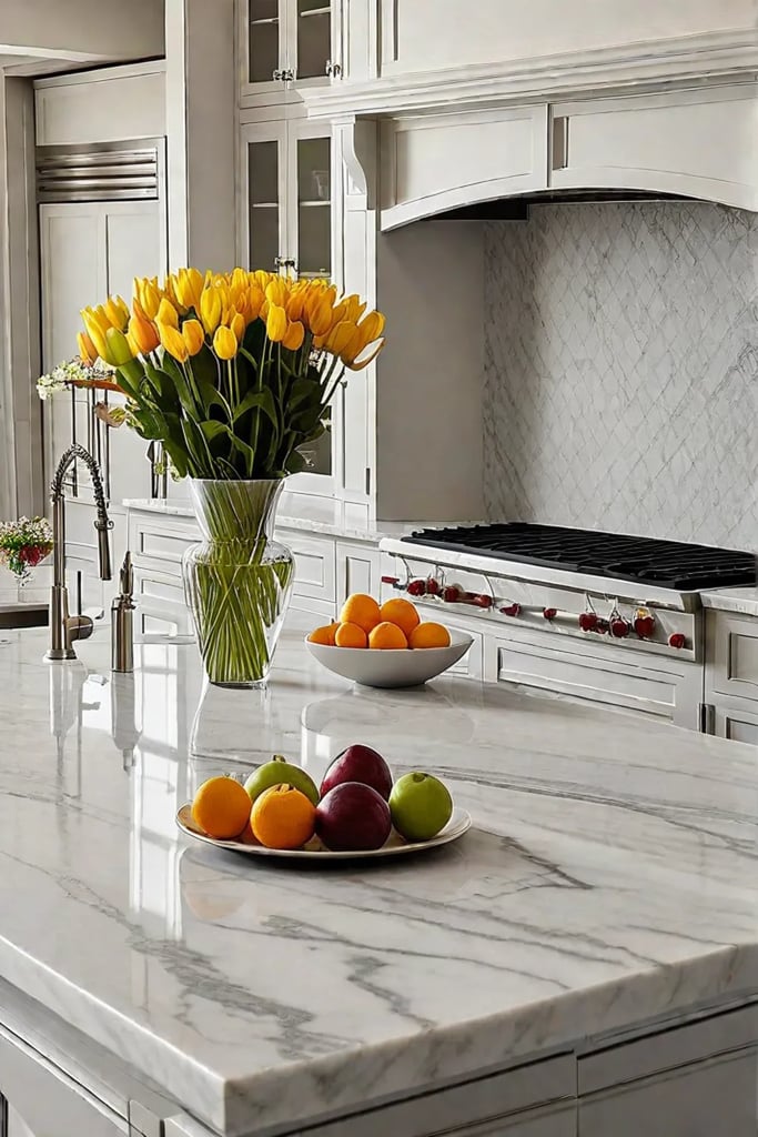 White kitchen with marble countertop and stainless steel appliances
