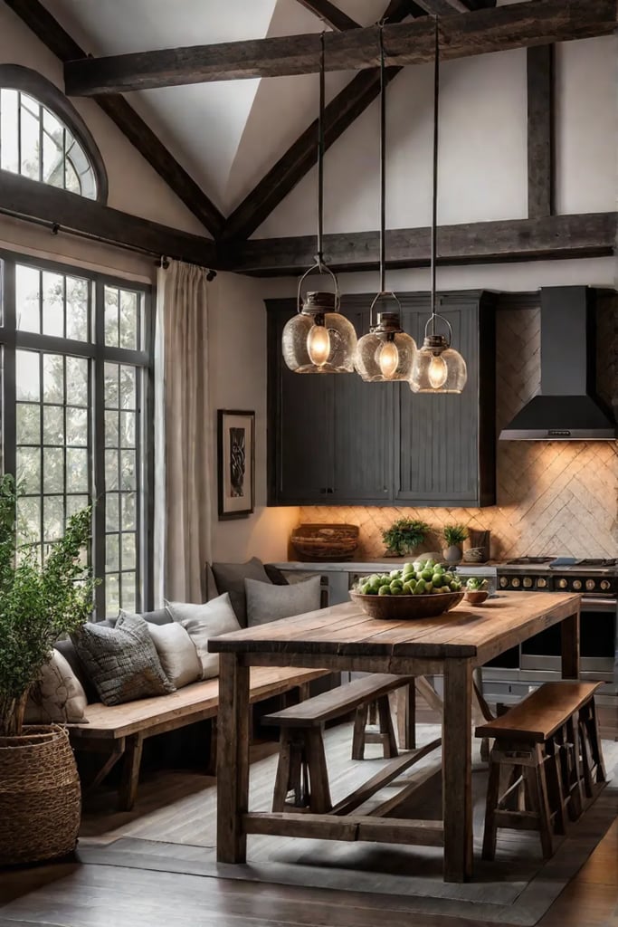 cozy farmhouse kitchen with fireplace and rustic elements