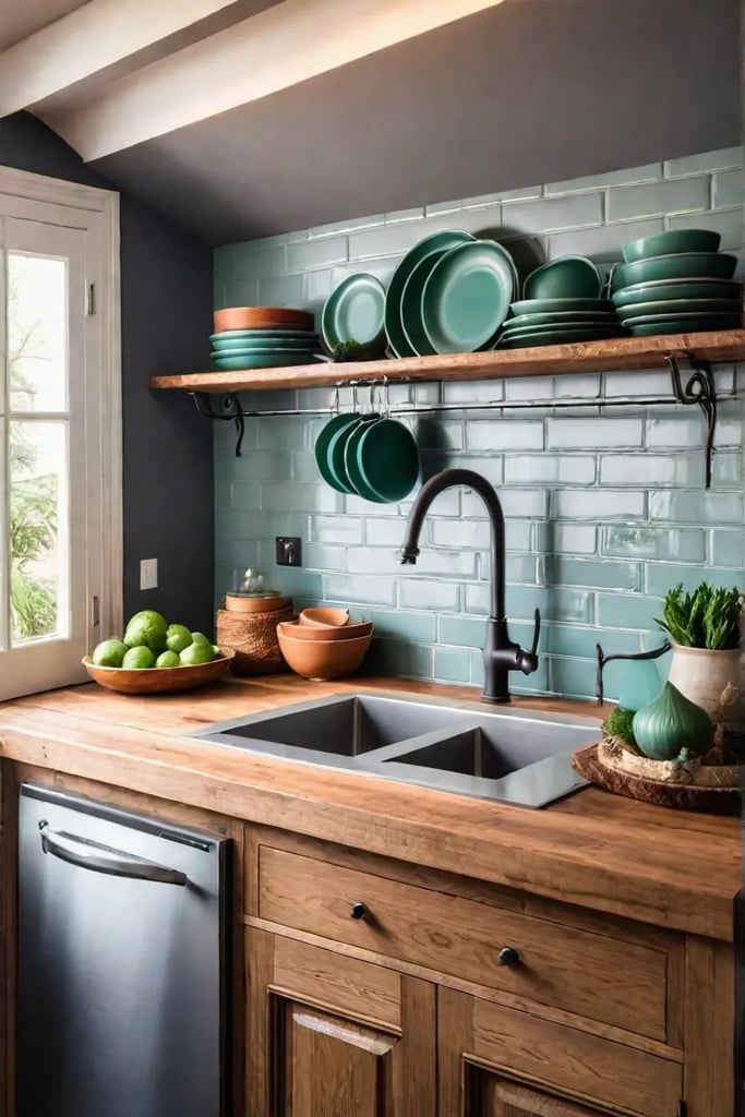 farmhouse kitchen with open shelving and vintage furniture