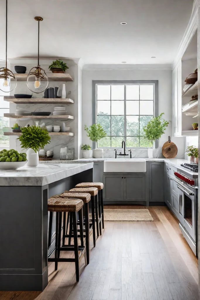 minimalist farmhouse kitchen with greenery and natural light