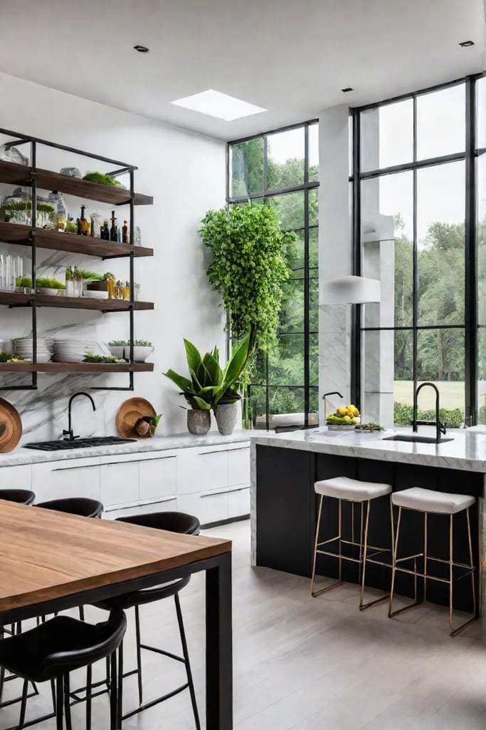 modern farmhouse kitchen with marble countertop and open shelving