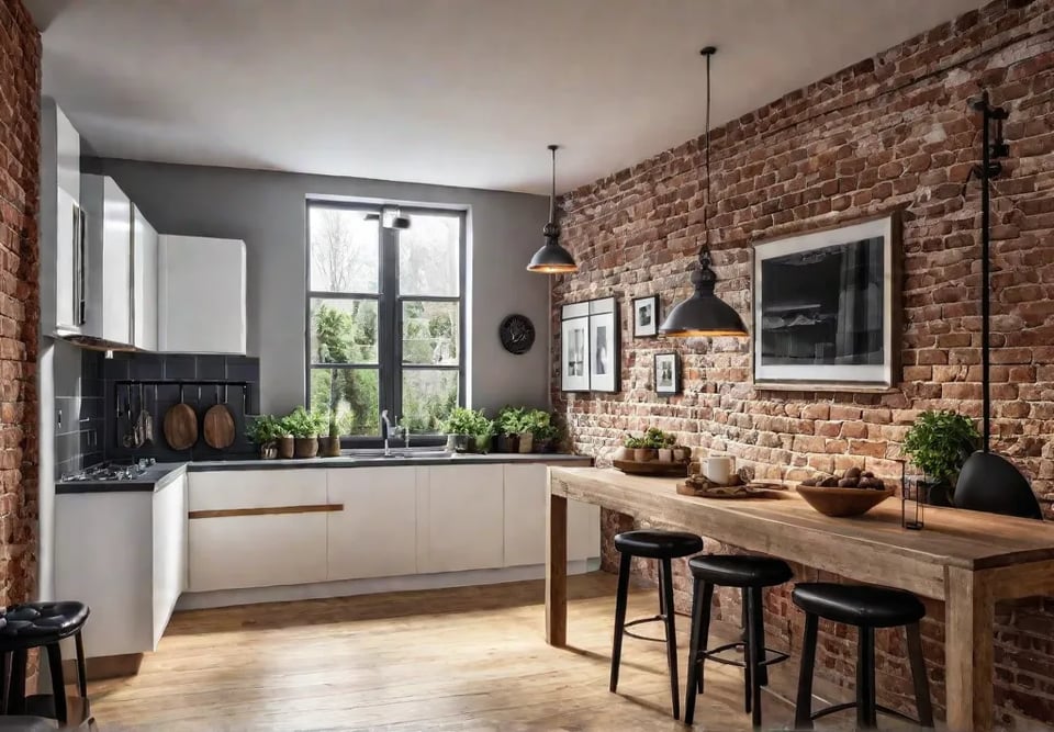 A charming cottage kitchen filled with natural light featuring a statement wallfeat