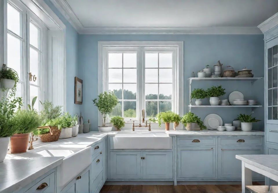 A light and airy cottage kitchen bathed in natural sunlight streaming throughfeat