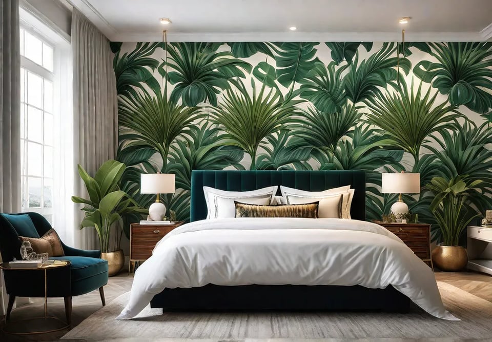 A sundrenched bedroom with boho chic decor featuring an accent wall adornedfeat