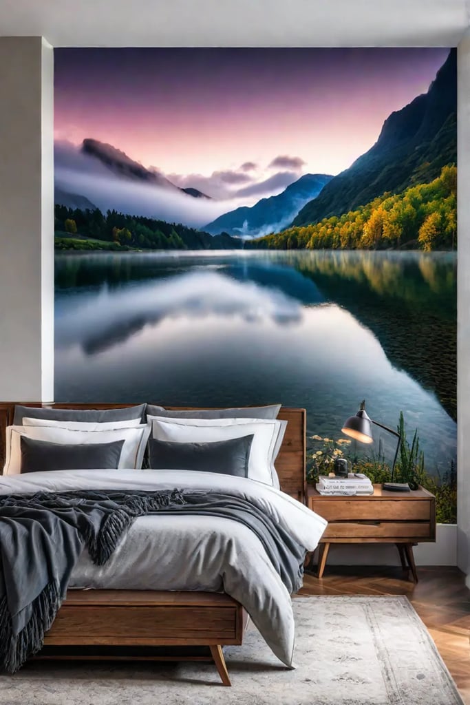 Beige bedroom with statement wall