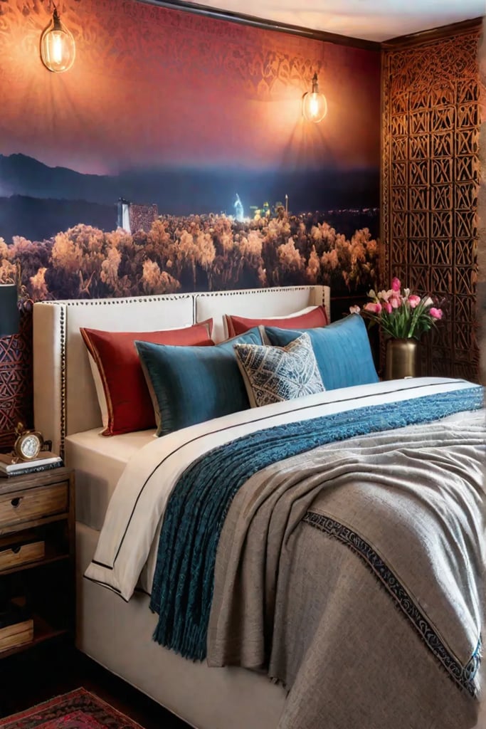 Bohemian bedroom with colorful wallpaper