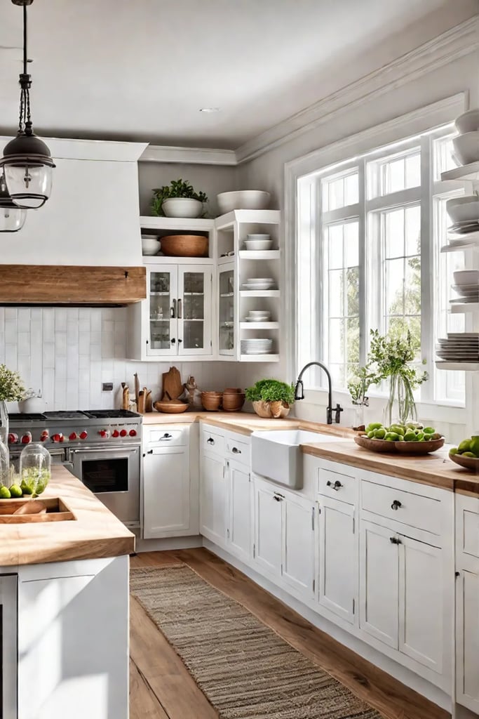 Bright and airy cottage kitchen with light wood flooring
