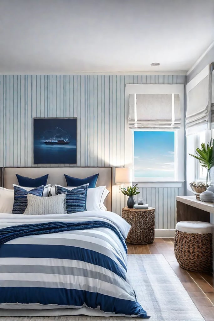 Coastal bedroom with blue and white wallpaper