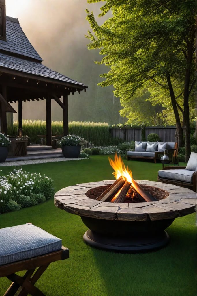 Cottage garden whimsical fire pit reclaimed materials