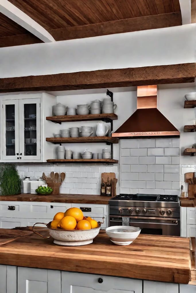Cottage kitchen with exposed beams and cream cabinets