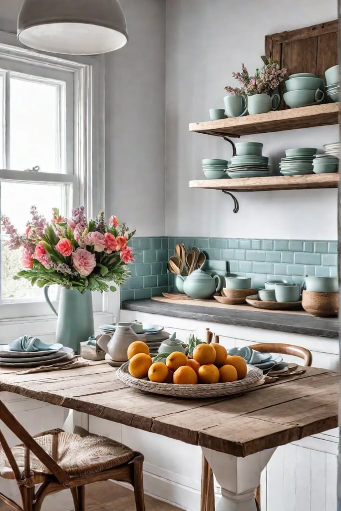 Cottage kitchen with pastel dishware