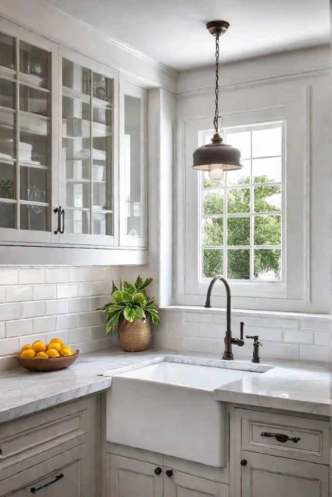 Cottage kitchen with window over sink