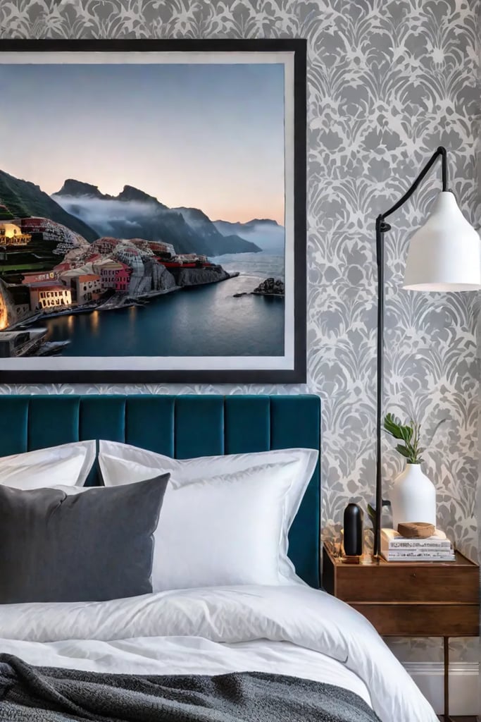 Cozy bedroom with delicate wallpaper pattern