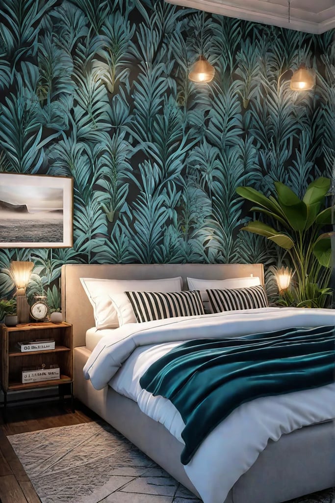 Eclectic bedroom with statement wallpaper