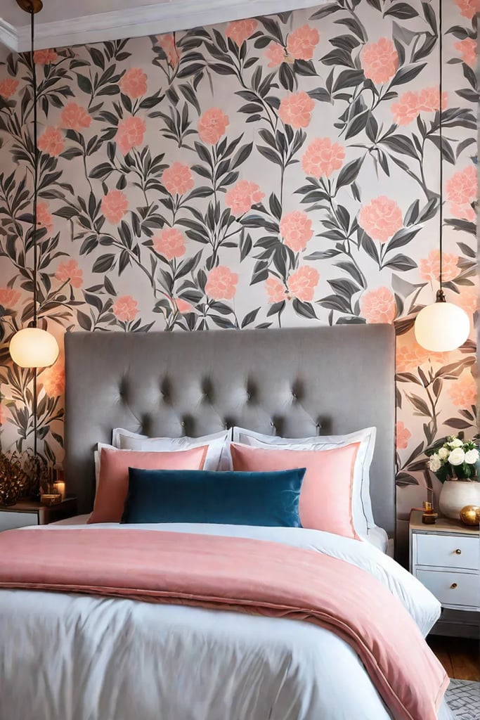 Eclectic bedroom with wallpaper