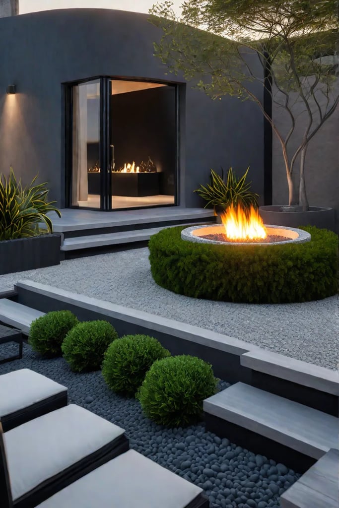 Elegant fire pit with stone bench