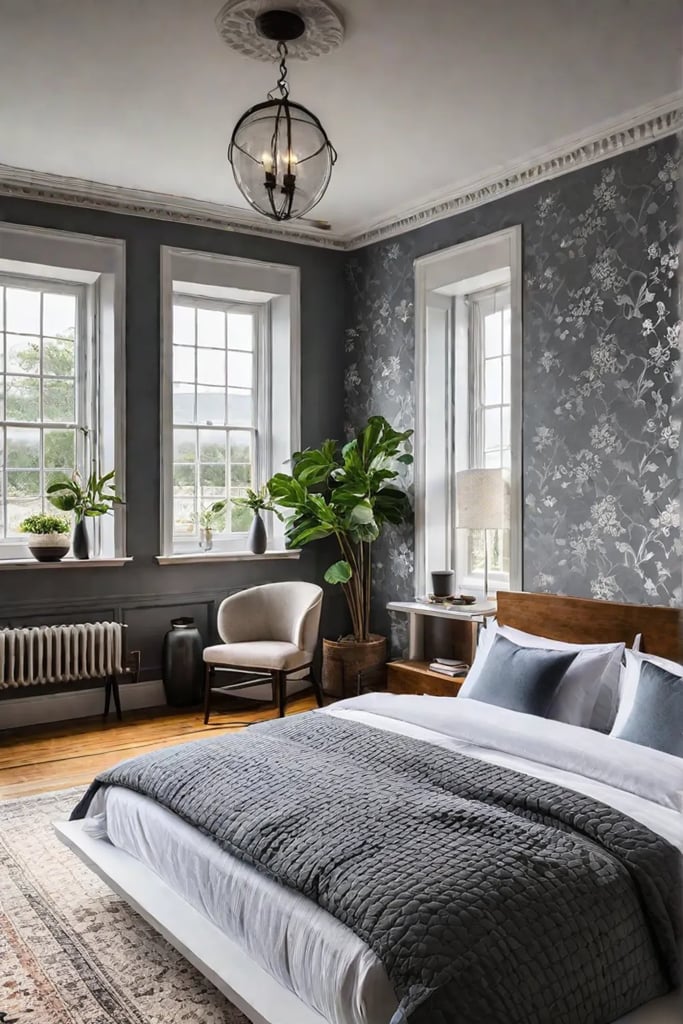 Floral wallpaper in a sunlit bedroom