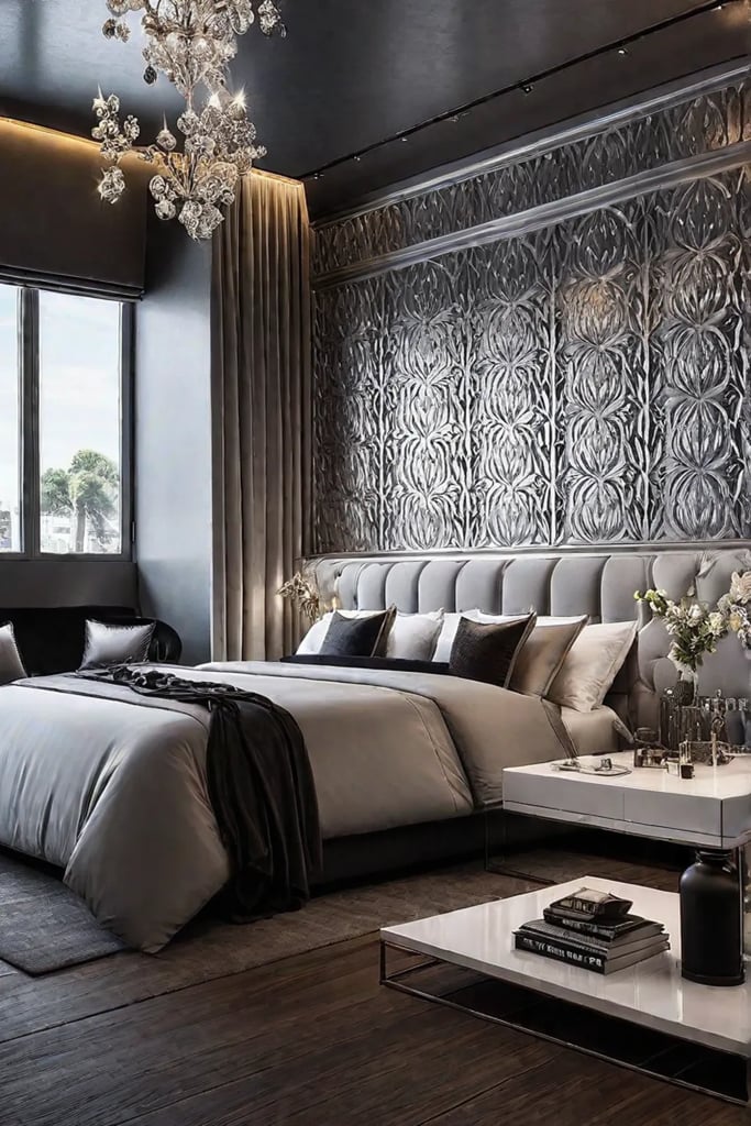 Glamorous bedroom with metallic wallpaper