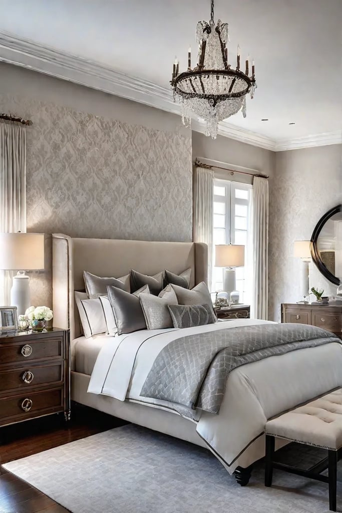 Neutral bedroom with subtle wallpaper