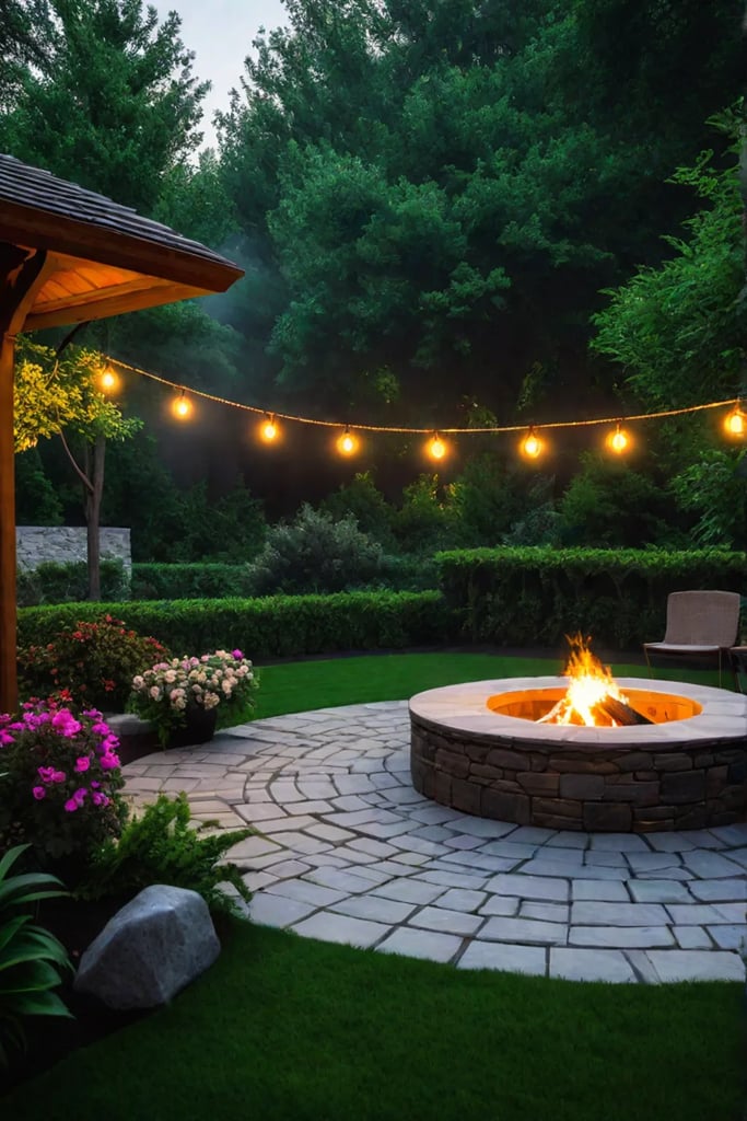 Outdoor fire pit area at dusk