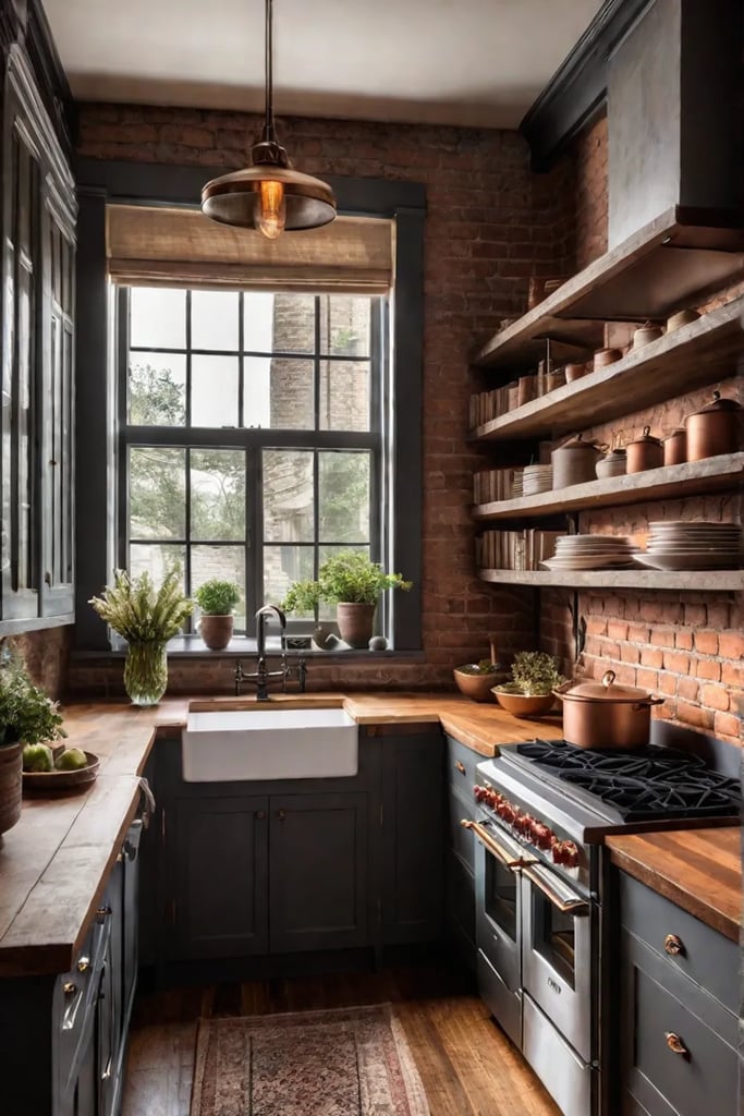 Rustic cottage kitchen with exposed brick walls