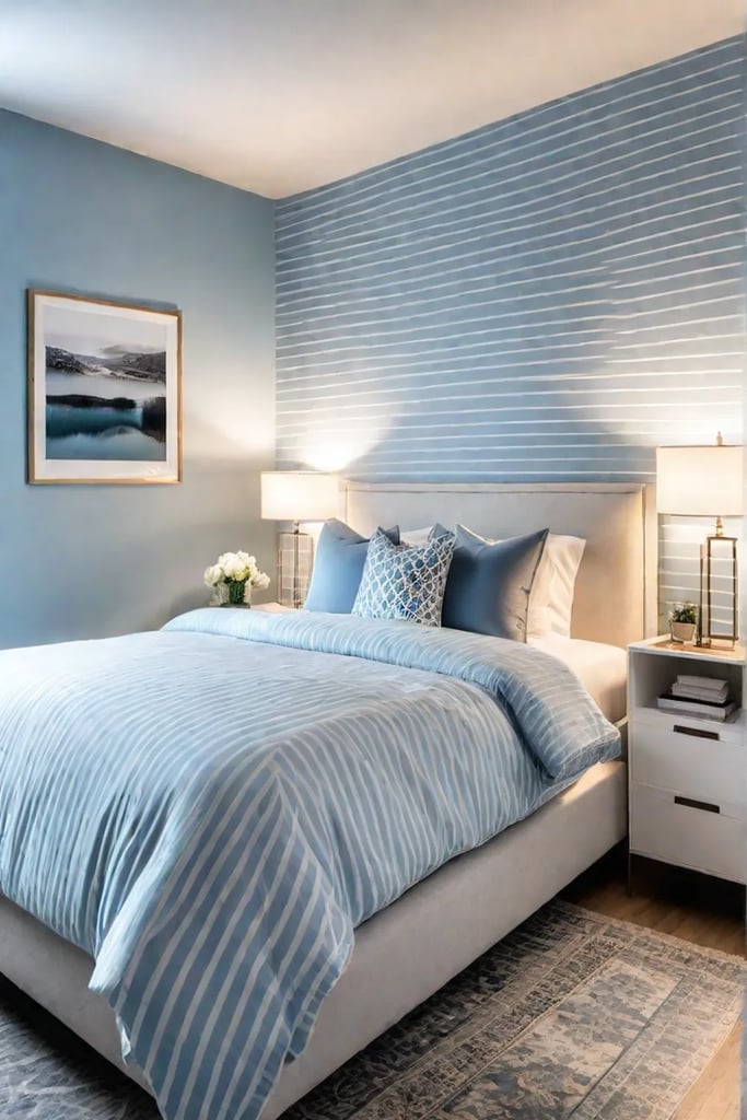 Small bedroom with vertical striped wallpaper