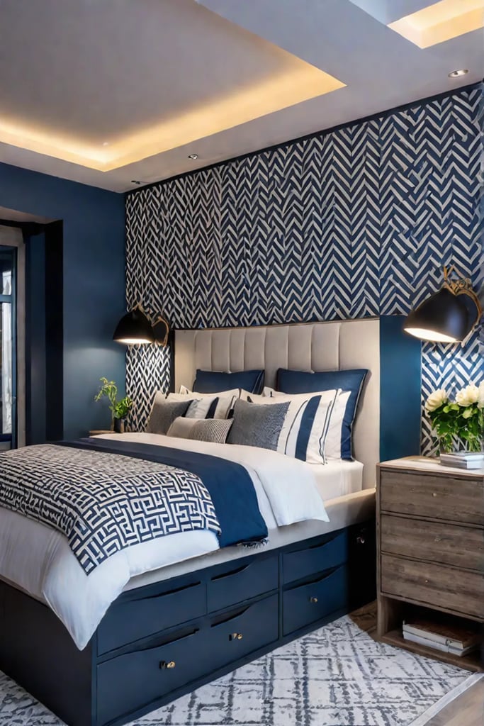 Spacesaving bedroom with bold wallpaper 1