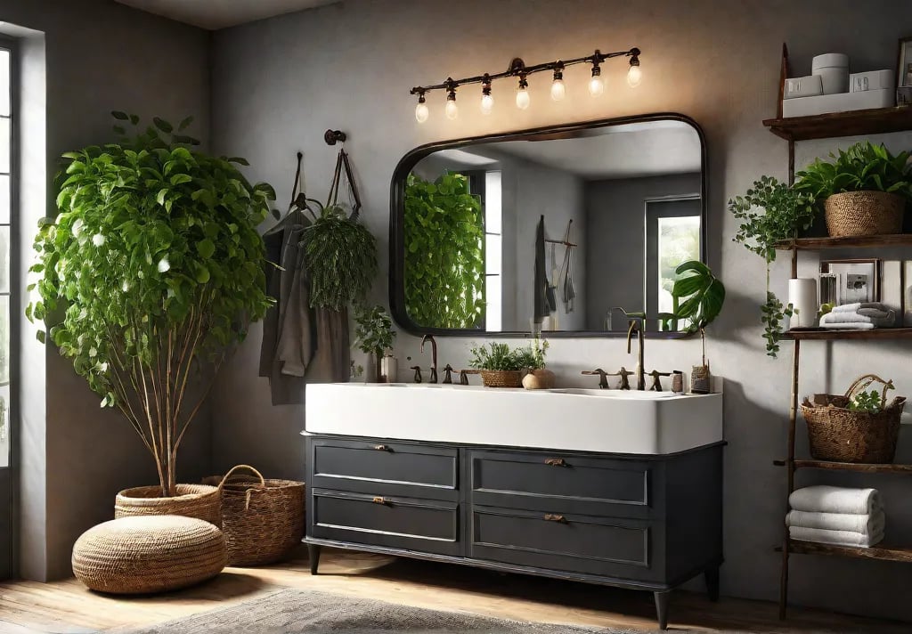 A charming rustic bathroom featuring a repurposed dresserturnedvanity adorned with vintage findsfeat