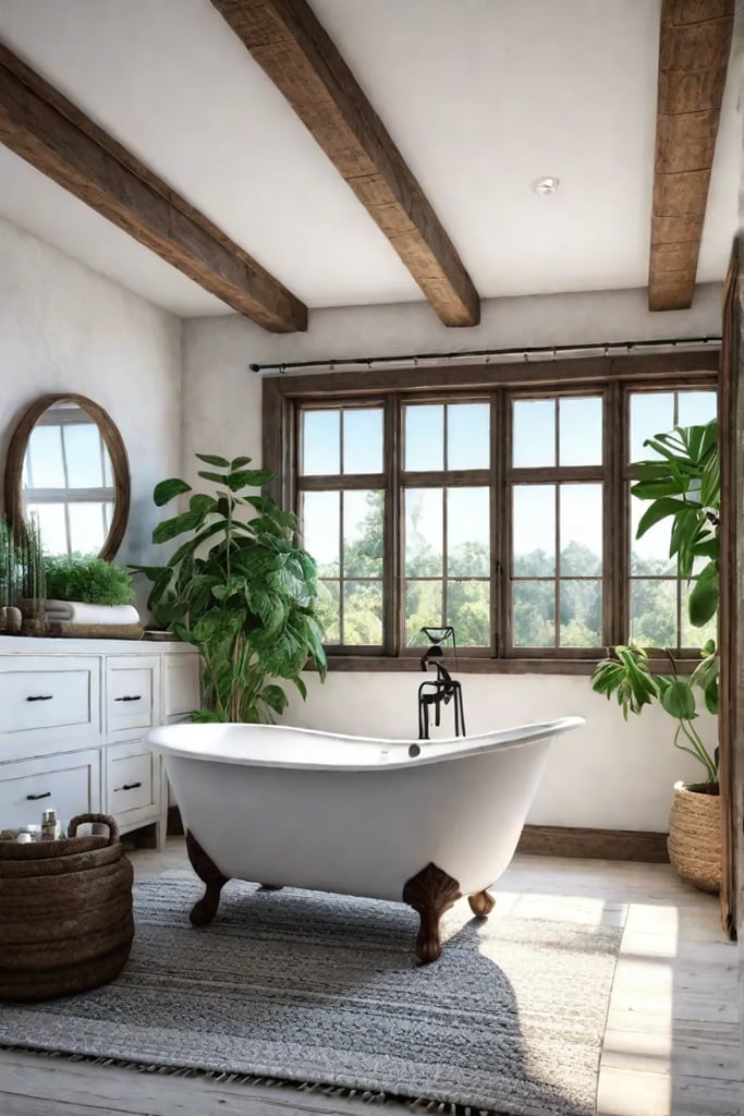 Bright rustic bathroom with whitewashed walls