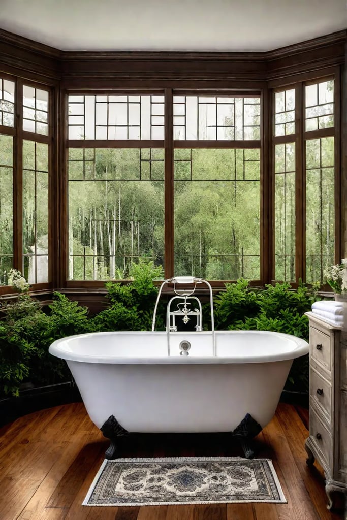 Clawfoot tub garden view rustic bathroom