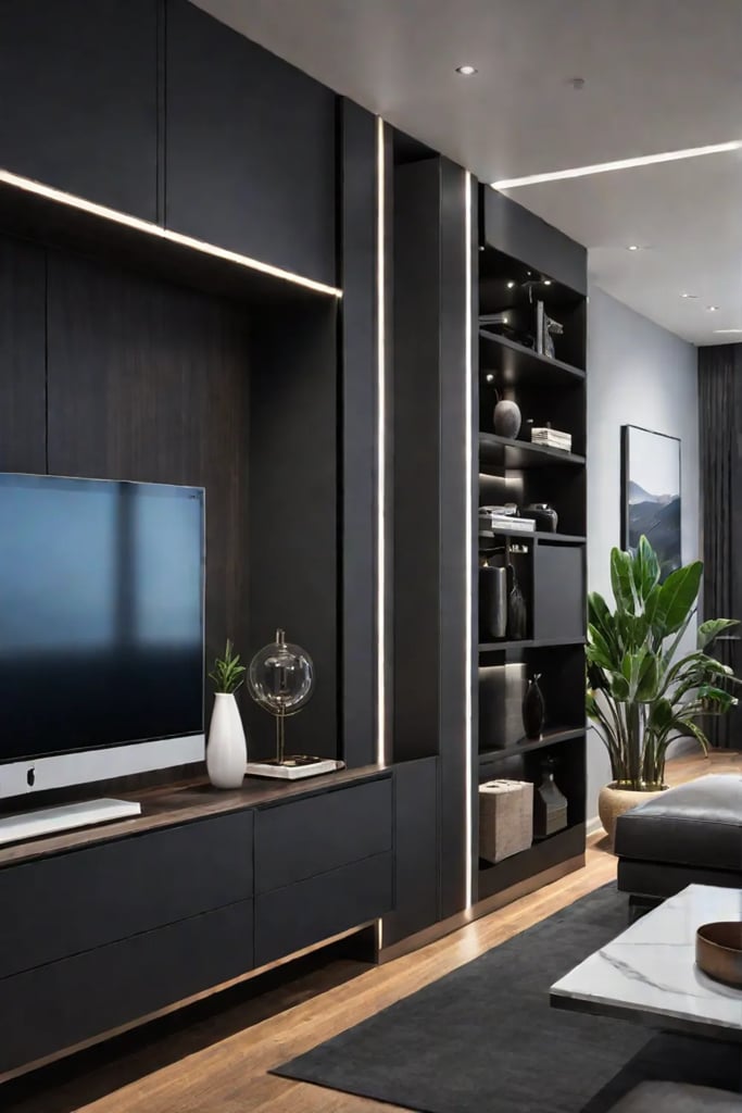 Clutterfree living room with hidden storage and vertical shelving