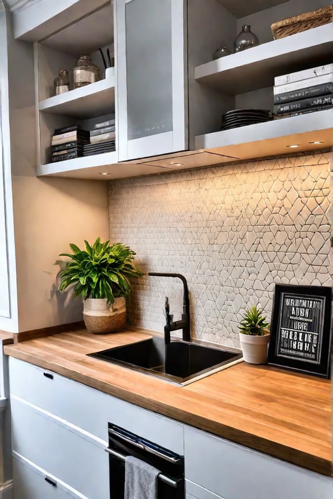 Cozy small kitchen with open shelving and natural light