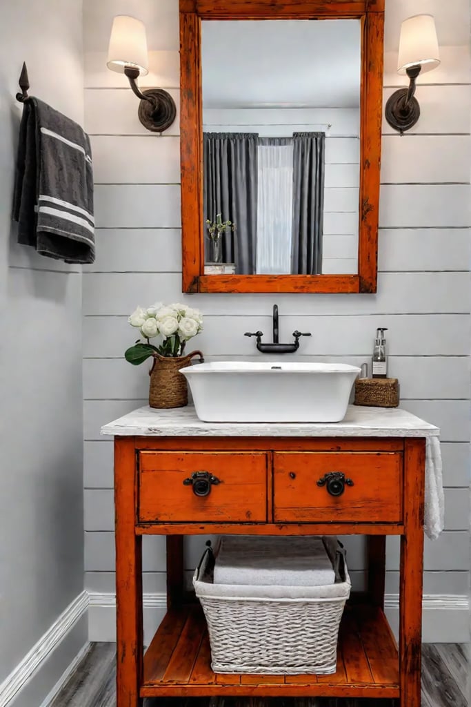 Distressed white dresser reclaimed wood countertop vintage mirror