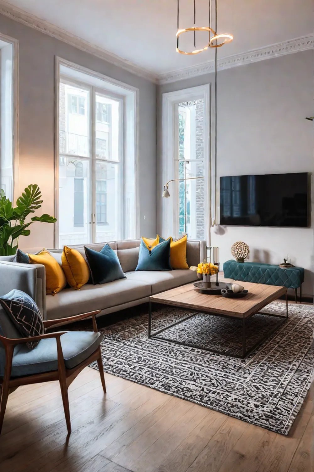 Eclectic small living room with a mix of patterns and textures