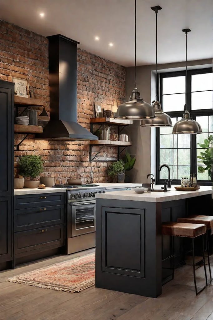 Industrial chic kitchen with dark metal cabinets and exposed brick