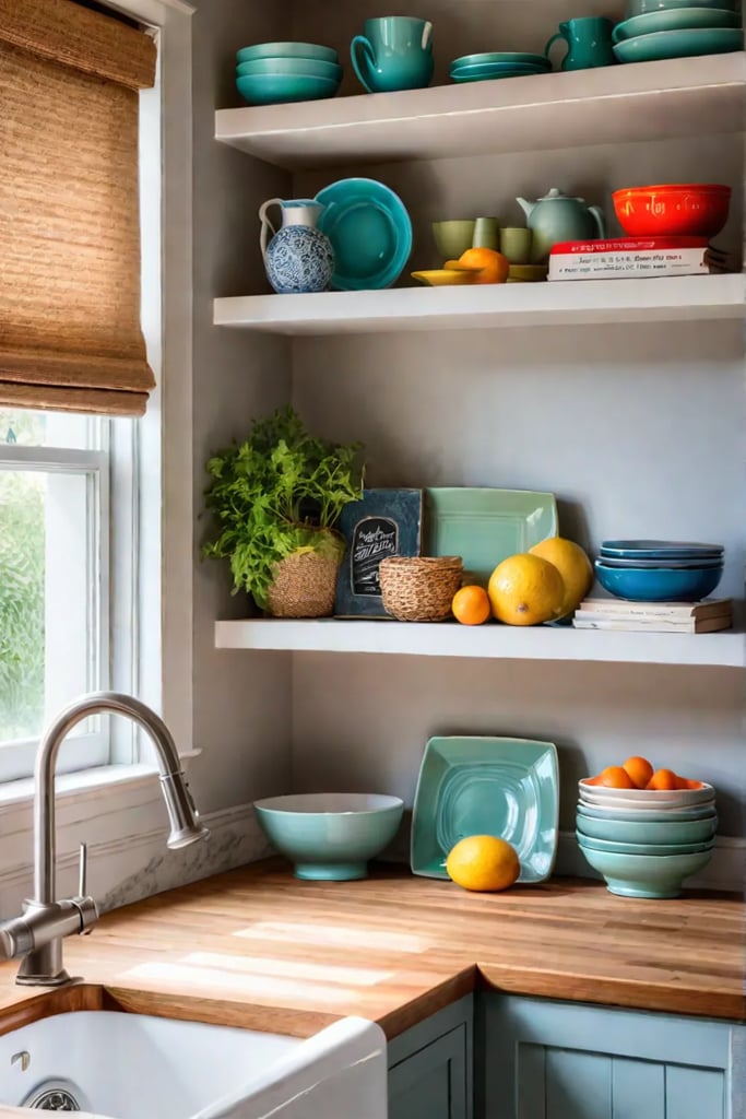 Inviting corner of a small kitchen with open shelving and natural light
