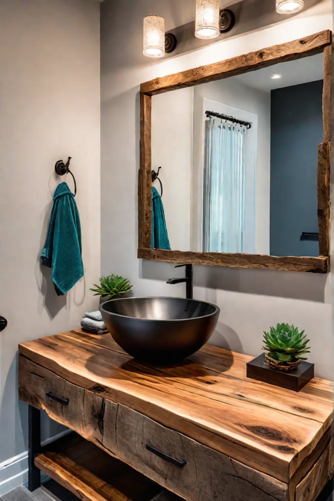 Liveedge wood vessel sink reclaimed wood mirror