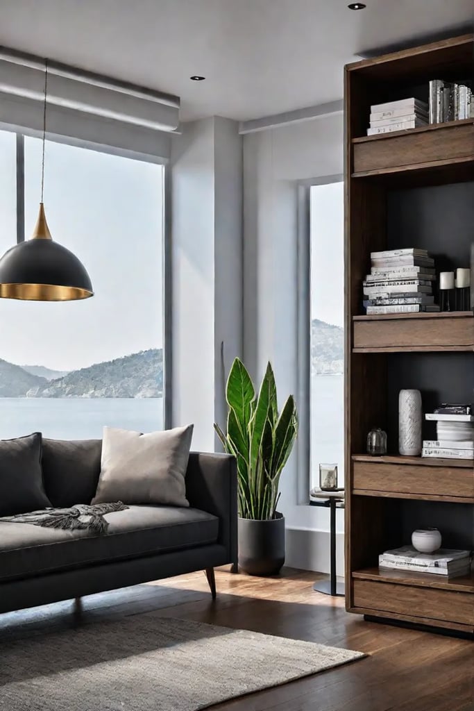 Living room with clever storage solutions for a minimalist aesthetic