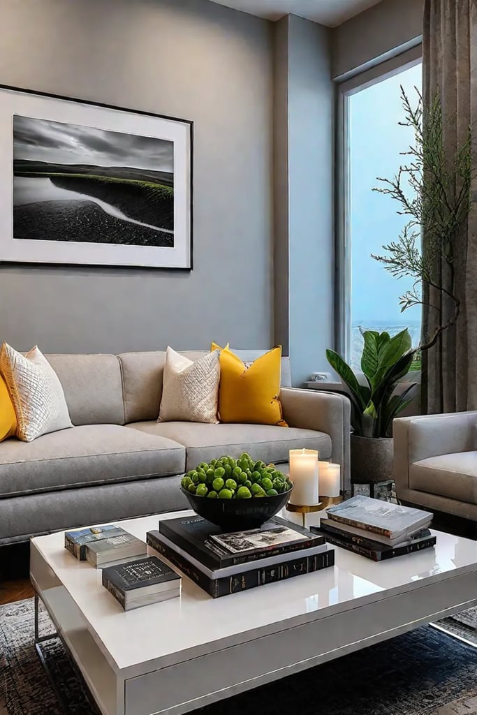 Living room with styled coffee table and decorative tray