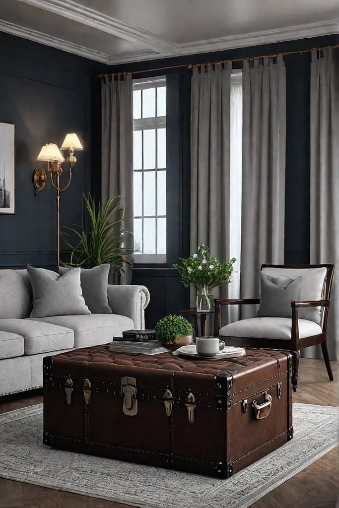 Living room with vintage trunk as coffee table
