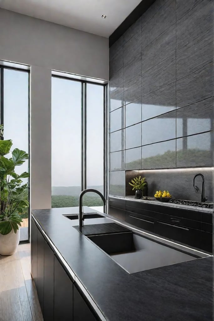 Lowmaintenance kitchen with ceramic tile backsplash