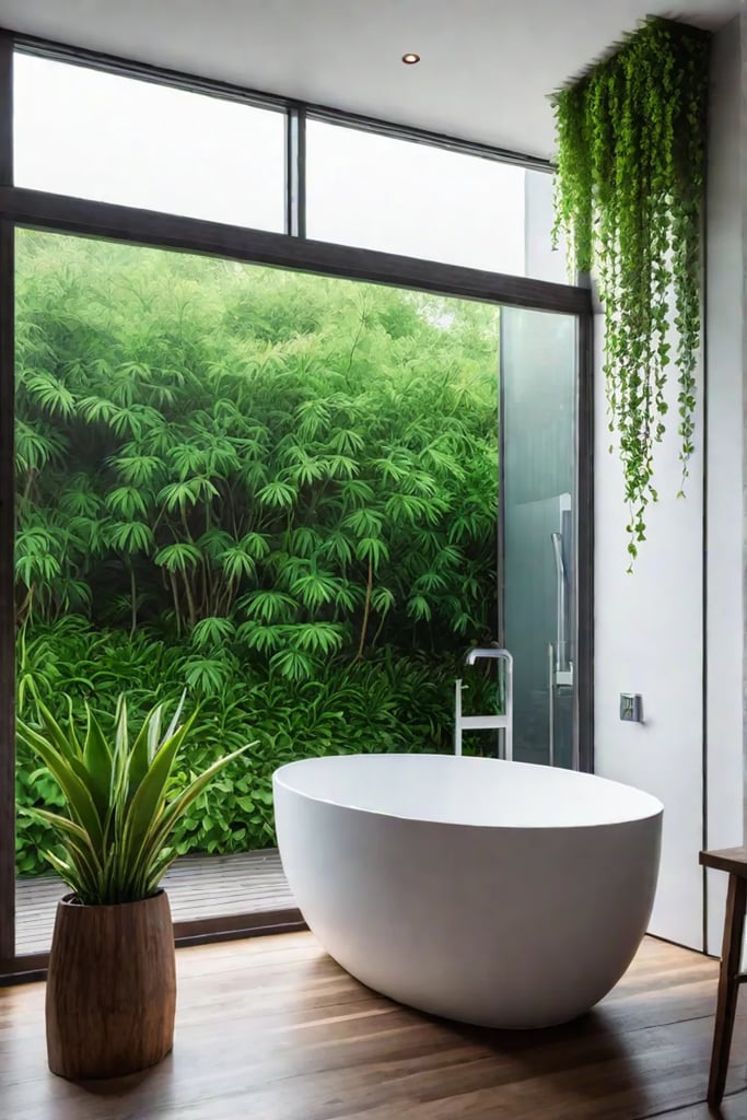 Lush garden freestanding soaking tub potted plants