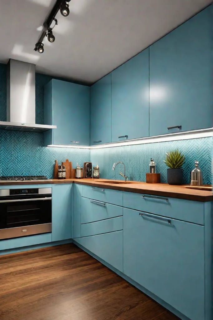 Midcentury modern kitchen with vibrant cabinets and geometric patterns