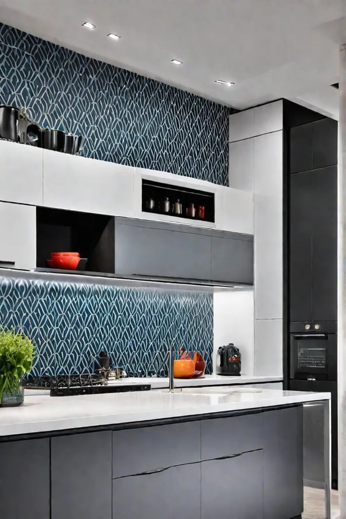 Minimalist kitchen patterned wallpaper cabinet backs